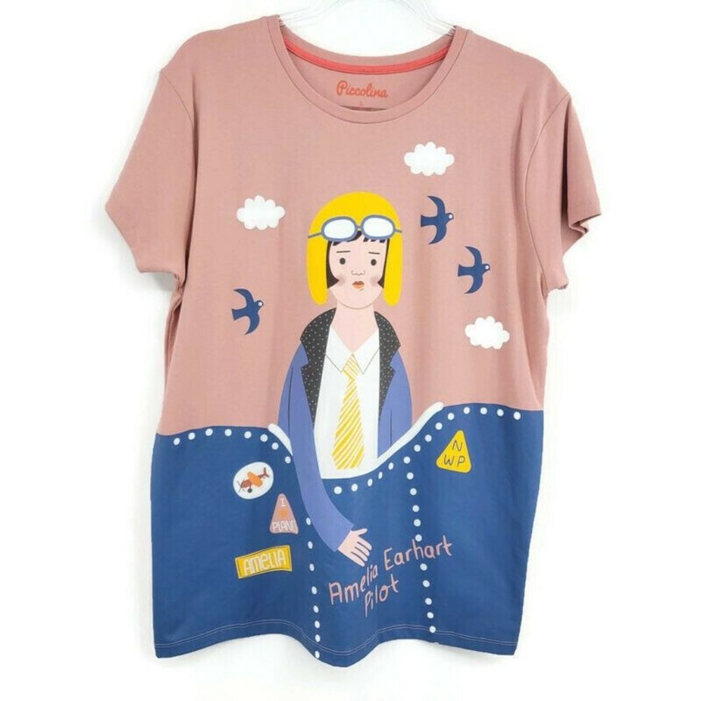 Piccolina Adult Shirt L Dust Pink Amelia Earhart Pilot Colorful Graphic Tee